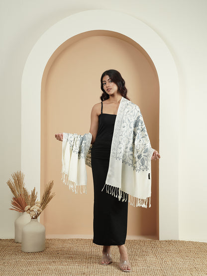 Floral Kashmiri Jaal Embroidery Warm Stole with Fringed Border | White - view 4