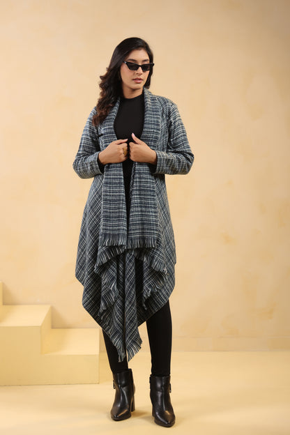 Women's Full Sleeve Woolen Checkered Shrug Cardigan | Grey Black
