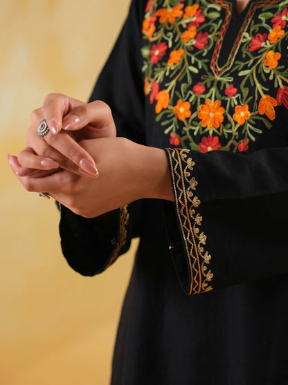 Women's Aari Floral Embroidered Woollen Kurta | Black - view 6