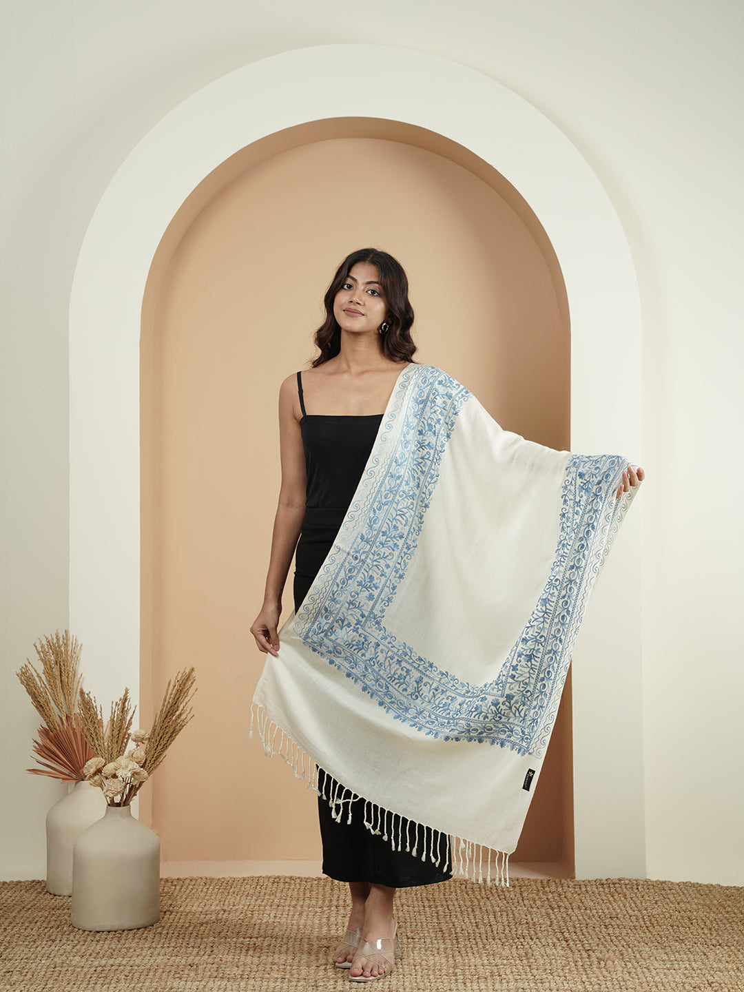 Floral Kashmiri Embroidery Warm Stole with Fringed Border | White