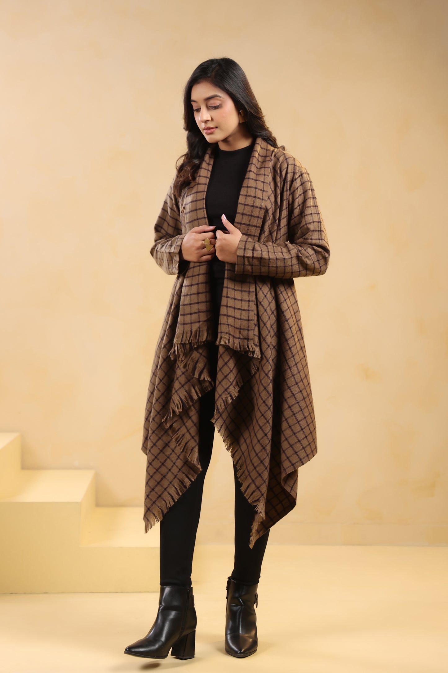 Women's Full Sleeve Woolen Checkered Shrug Cardigan | Brown Check