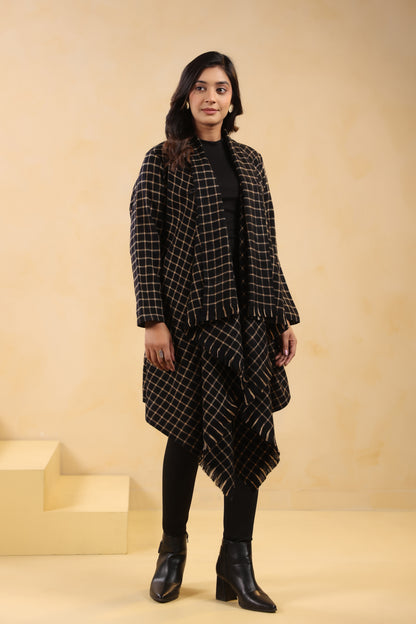 Women's Full Sleeve Woolen Checkered Shrug Cardigan | Black Check