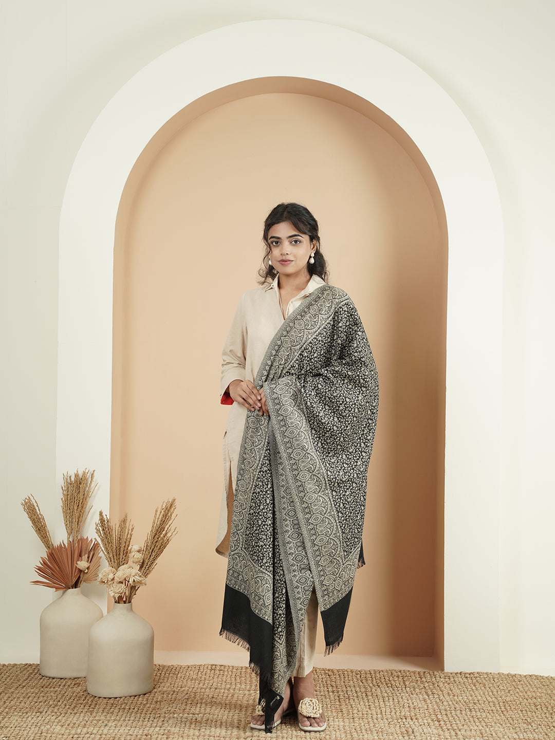 Floral All-over Kani Weave Woolen Stole with Paisley Border | Black