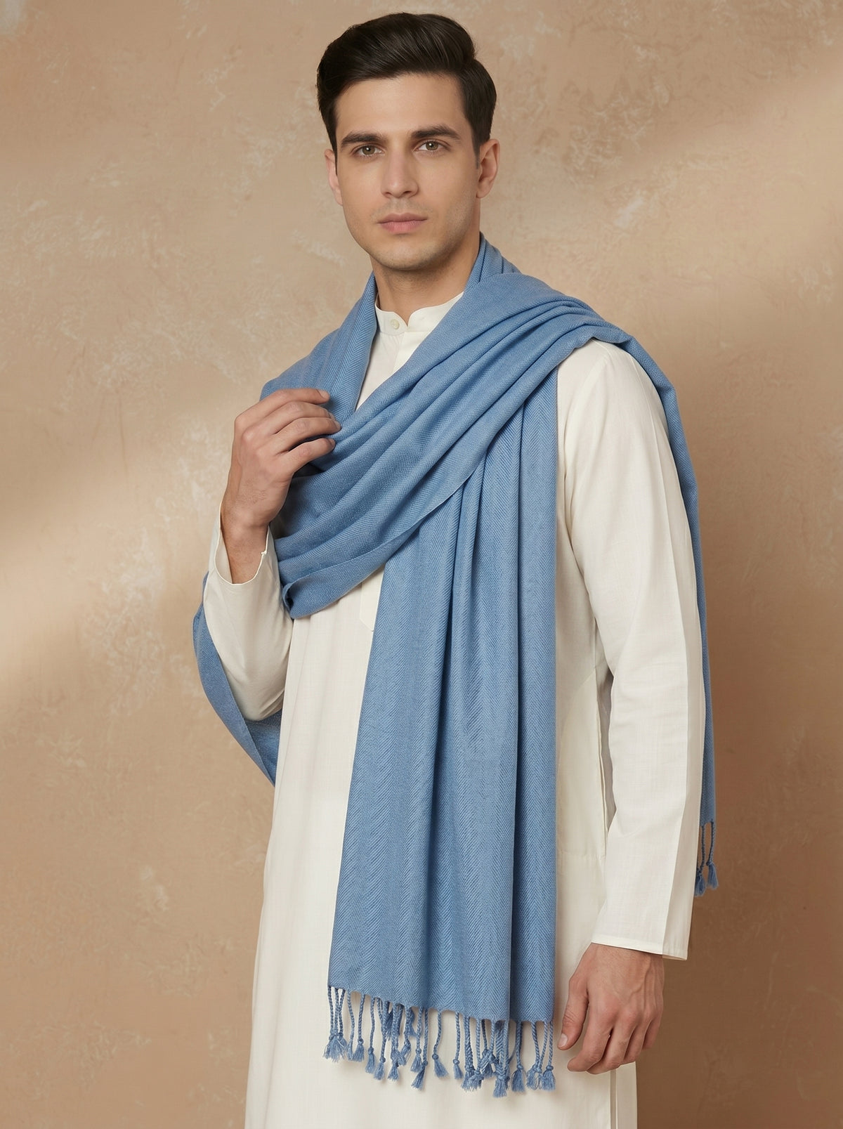 Men Lightweight Solid Color Warm Stole | Dark Sky Blue - view 4