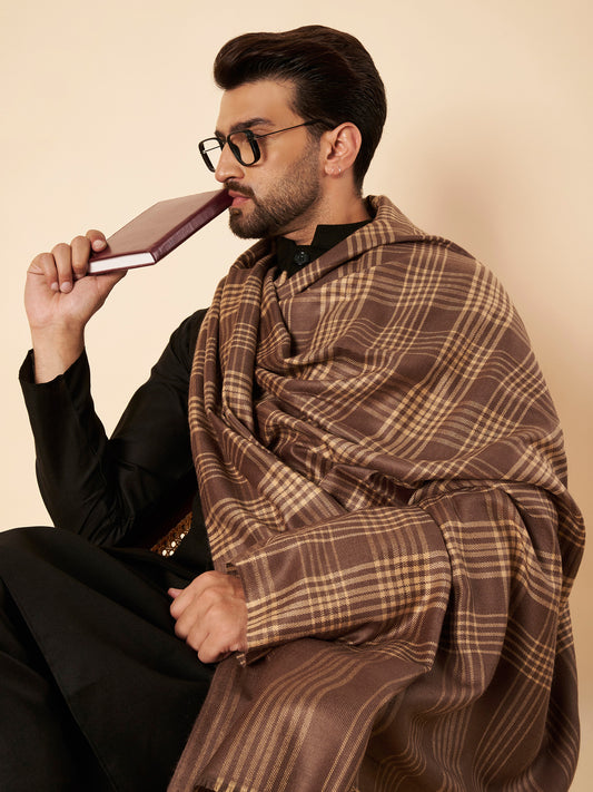 Men's Woollen Lohi Shawl | Brown Stripe Check