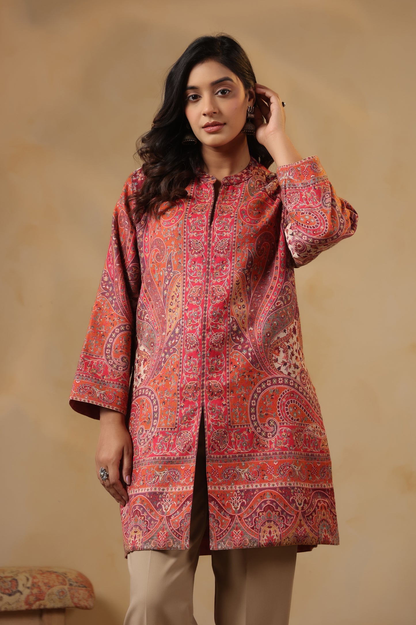 Women's Kaani Woven Winter Kurta | Pink