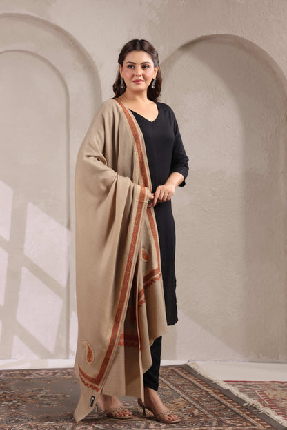 Kashmiri Sozni Zari Embroidery Shawl | Beige
