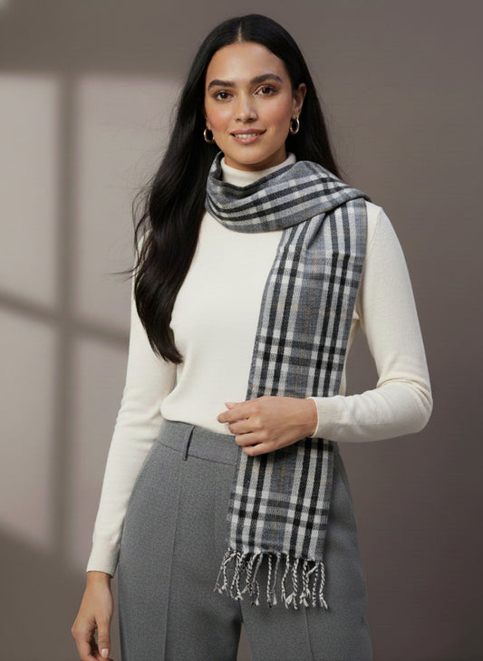 Soft Woollen Muffler for Women | Grey Black Check Scarf