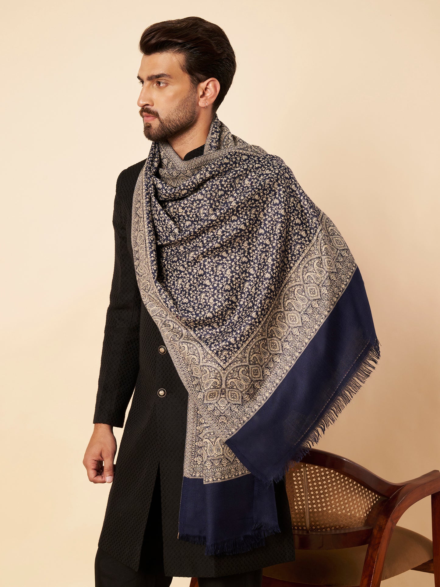 Floral All-over Kani Weave Woolen Stole with Paisley Border | Blue