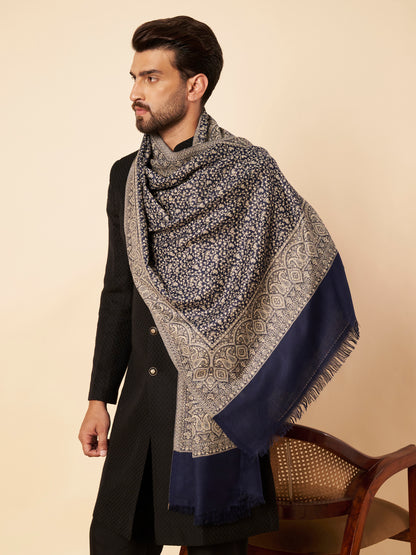 Floral All-over Kani Weave Woolen Stole with Paisley Border | Blue