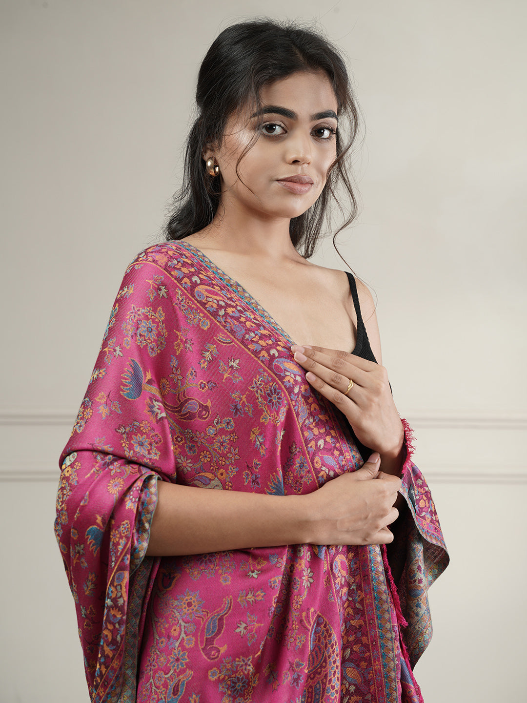 Kani Floral Weave Soft Woolen Stole for Women | Magenta - view 3
