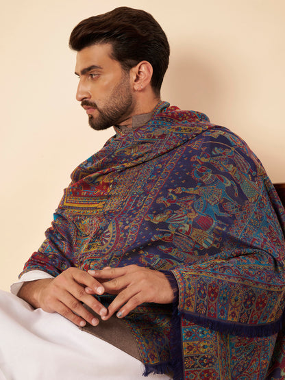 Kani Darbar Weave Soft Woolen Stole for Men | Blue