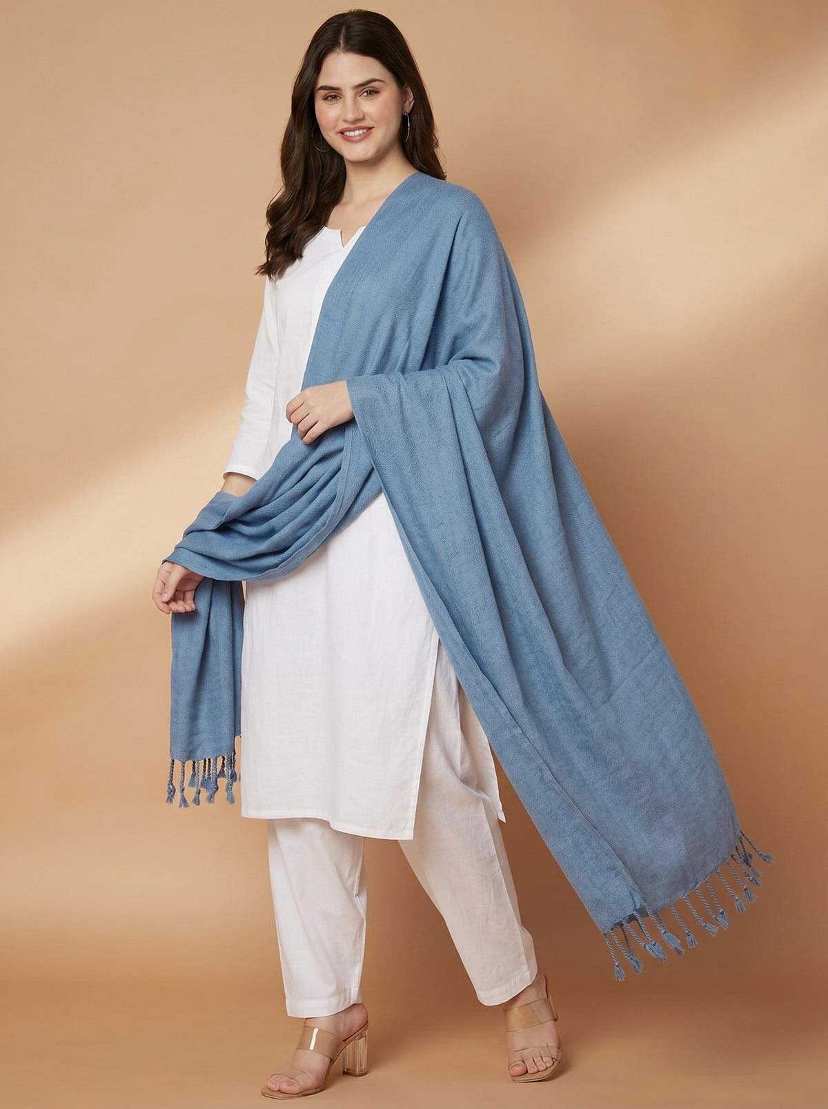Plain Dark Sky Blue Woolen Stole for Women | Dark Sky Blue - view 5