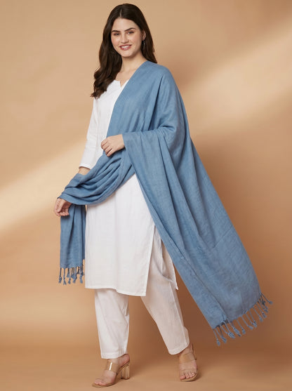 Plain Dark Sky Blue Woolen Stole for Women | Dark Sky Blue - view 5