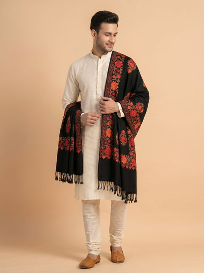Kashmiri Aari Embroidered Woollen Stole for Men | Black - view 2