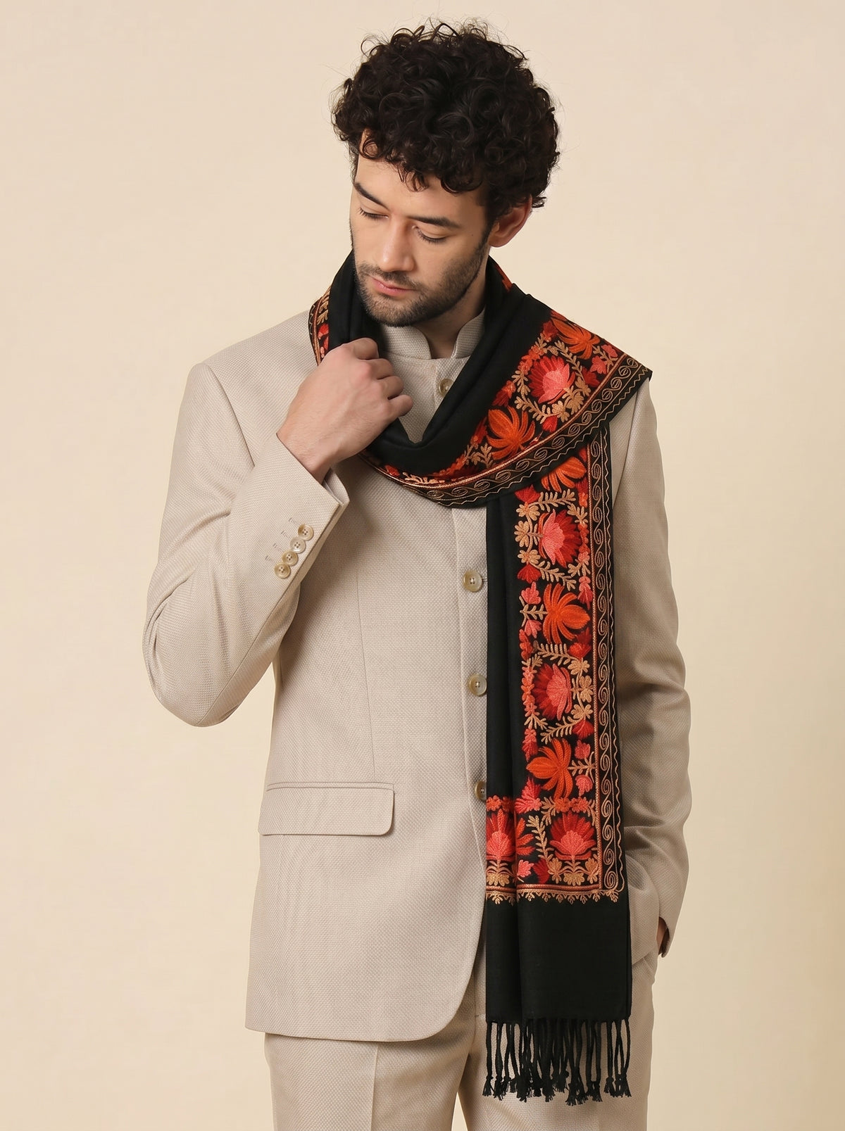 Kashmiri Aari Embroidery Woollen Stole for Men | Black - view 3