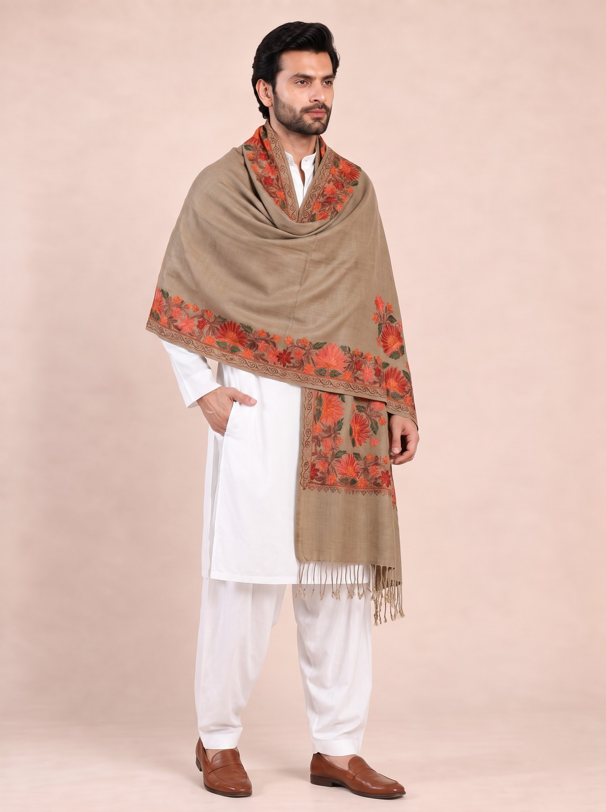 Kashmiri Aari Embroidery Woollen Stole for Men | Brown - view 3