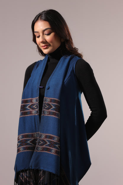 Women's Sleeveless Kullu Pattern Shrug Cardigan | Blue