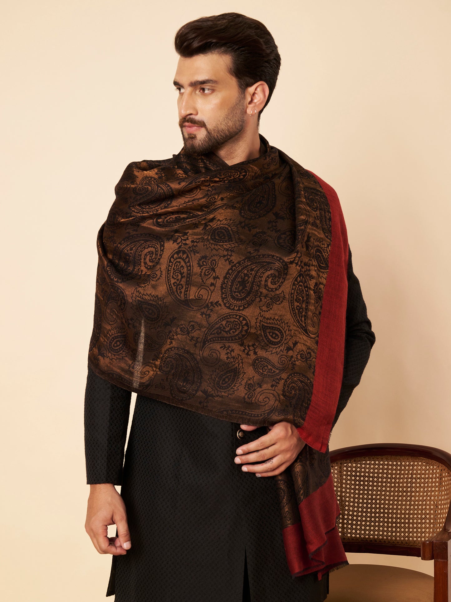 Fine Wool Black Zari Design Stole with Red Border