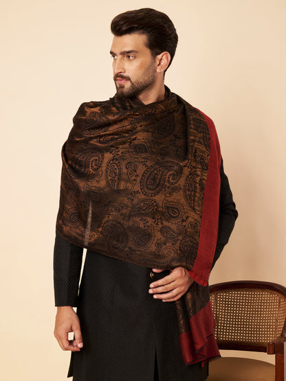 Fine Wool Black Zari Design Stole with Red Border