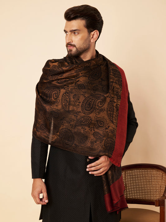 Fine Wool Black Zari Design Stole with Red Border