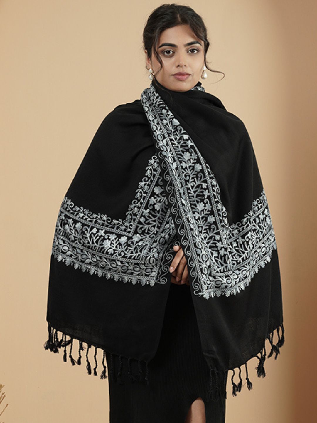 Floral Kashmiri Embroidery Warm Stole with Fringed Border | Black
