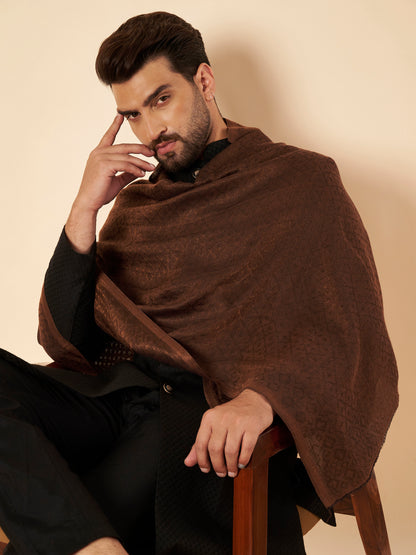 Fine Wool Solid Self Design Zari Stole | Brown