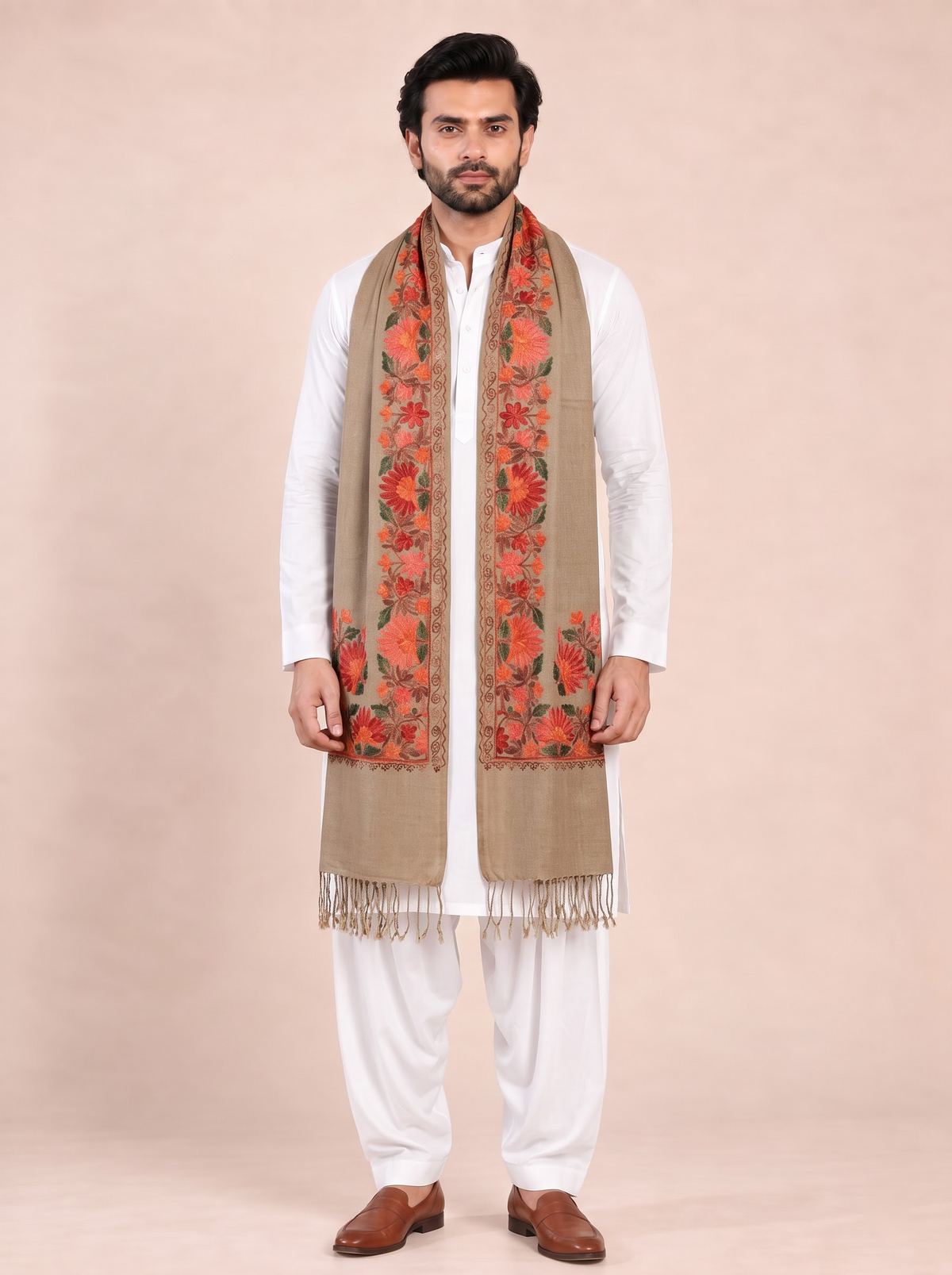 Kashmiri Aari Embroidery Woollen Stole for Men | Brown - view 2