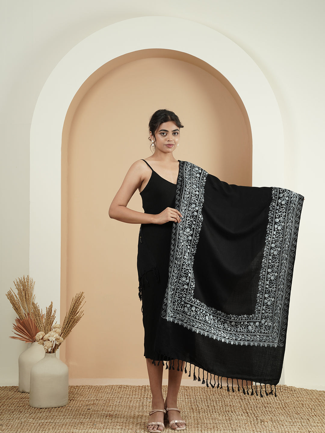 Floral Kashmiri Embroidery Warm Stole with Fringed Border | Black