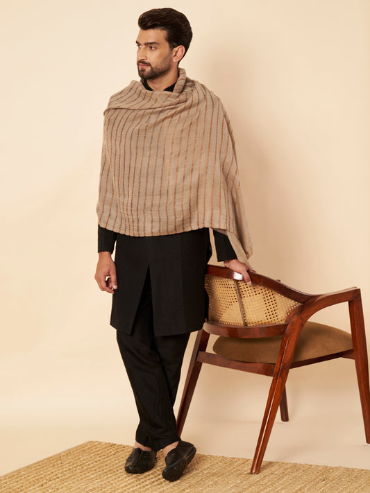 Fine Wool Horizontal Zari Stripes Stole | Beige