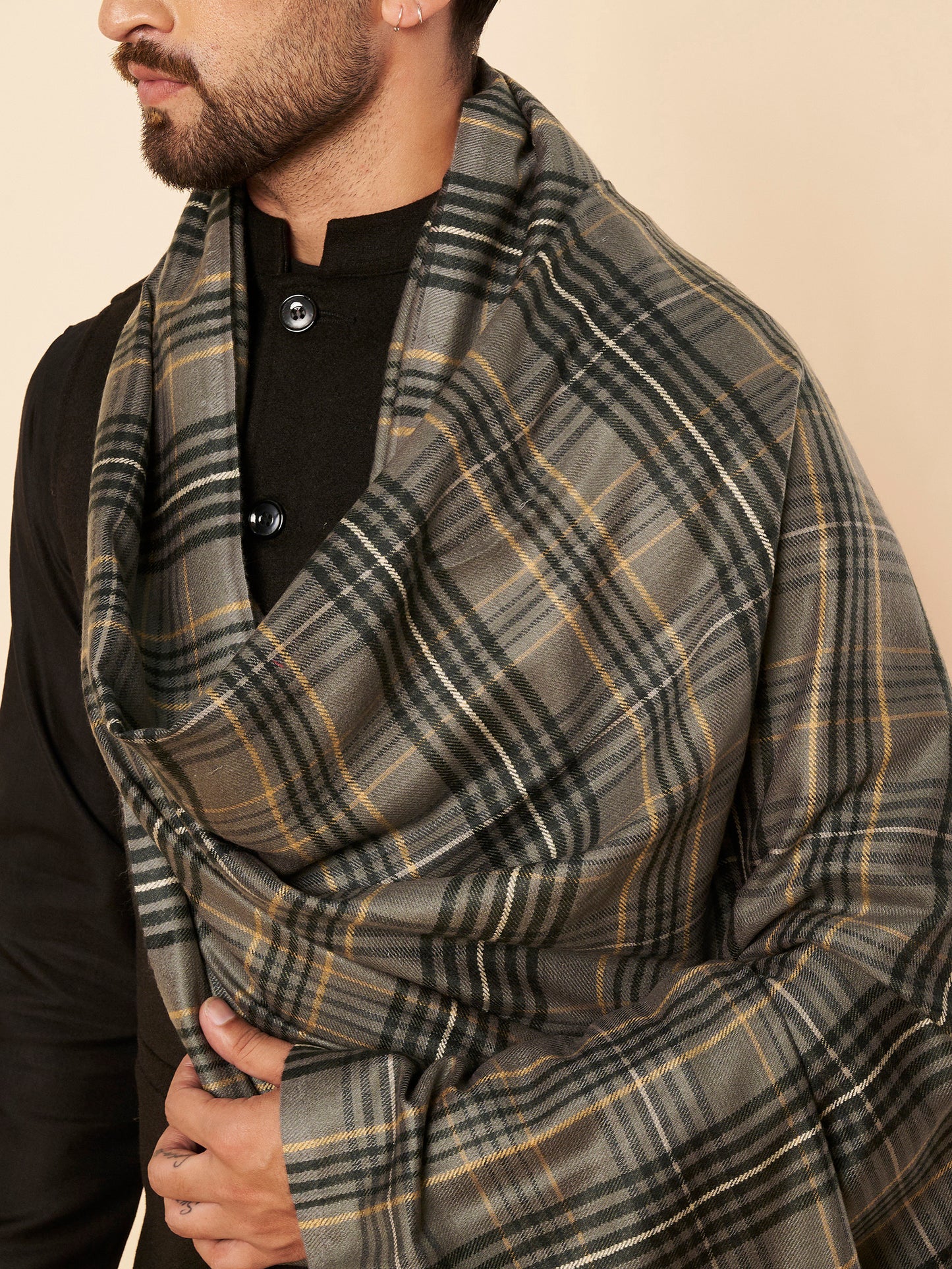 Men's Woollen Lohi Shawl | Grey Stripe Check