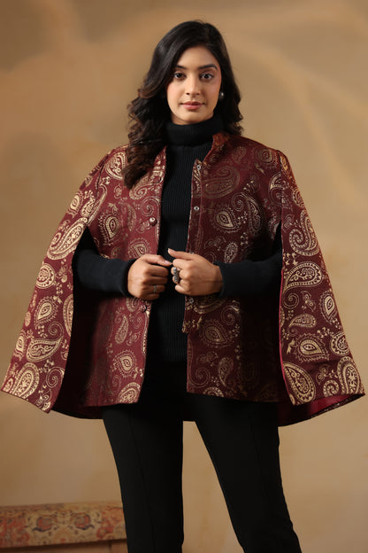 Women's Designer Zari Weave Paisley Cape Jacket | Wine