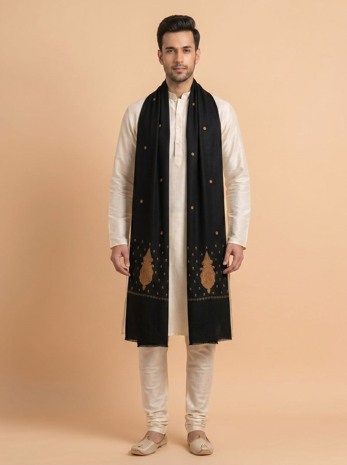 Fine Embroidery Paper Mache Kashmiri Wool Shawl for Men | Black - view 2