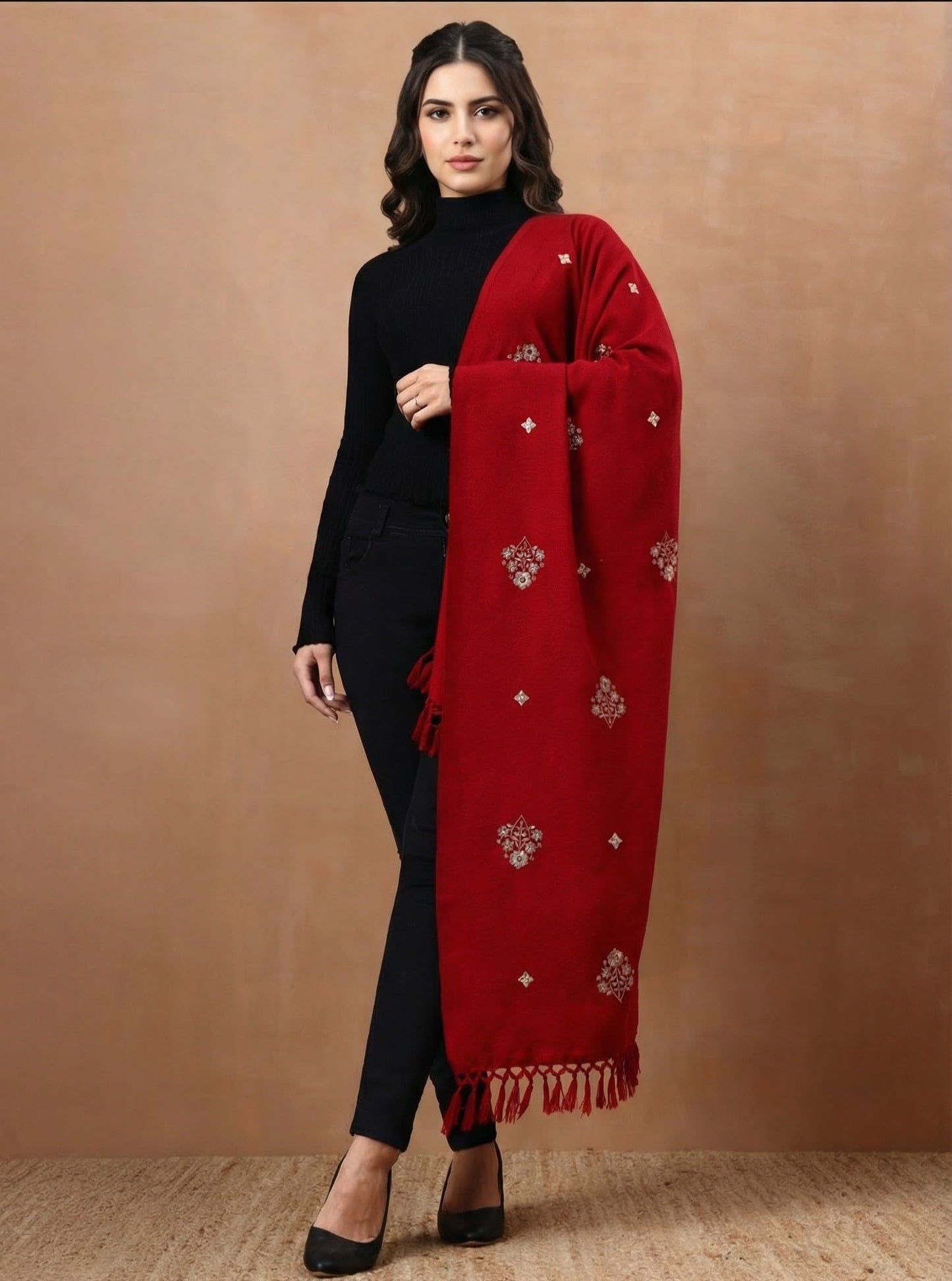 Woolen Embroidered Stole for Women | Red