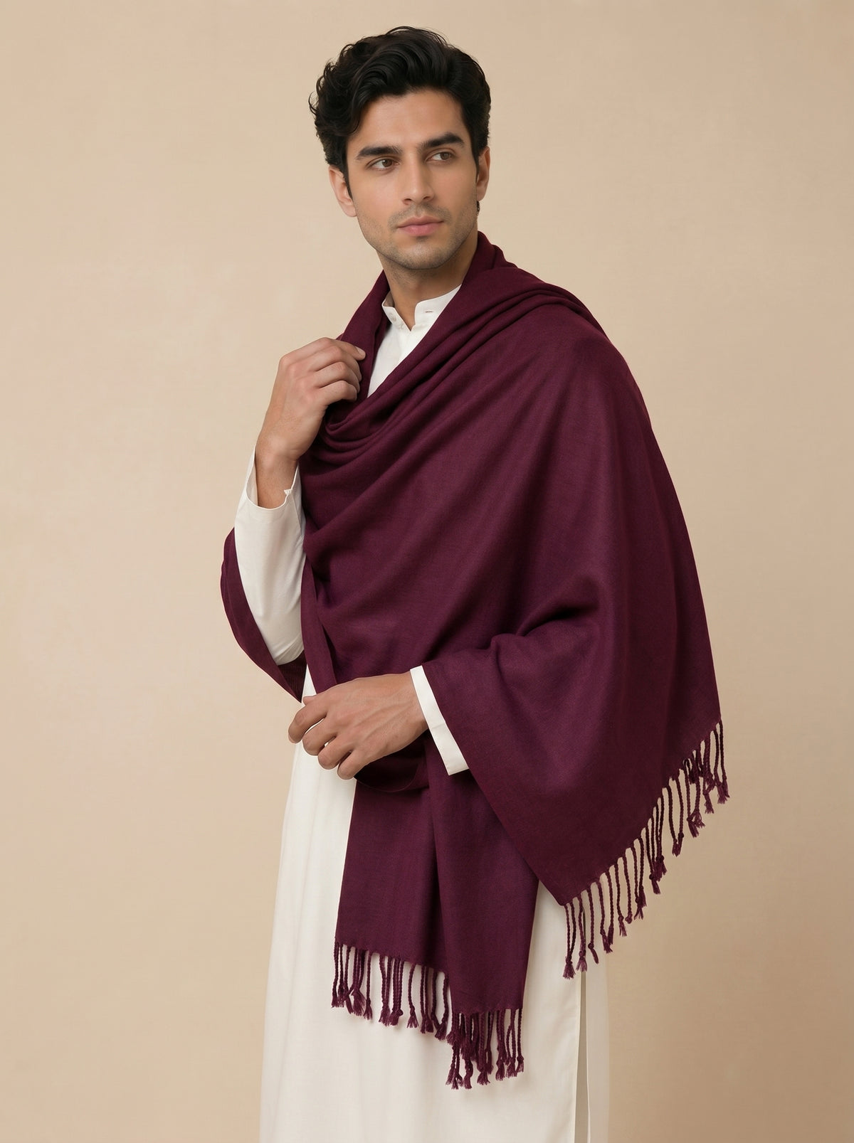 Men Lightweight Solid Color Warm Stole | Wine - view 3