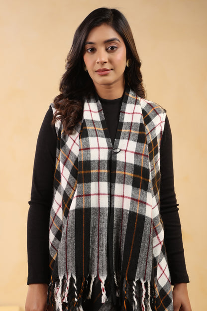 Women's Sleeveless Checkered Shrug Cardigan | White