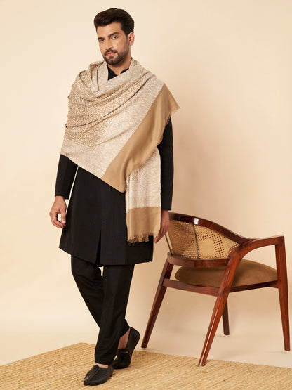 Floral All-over Kani Weave Woolen Stole with Paisley Border | Beige