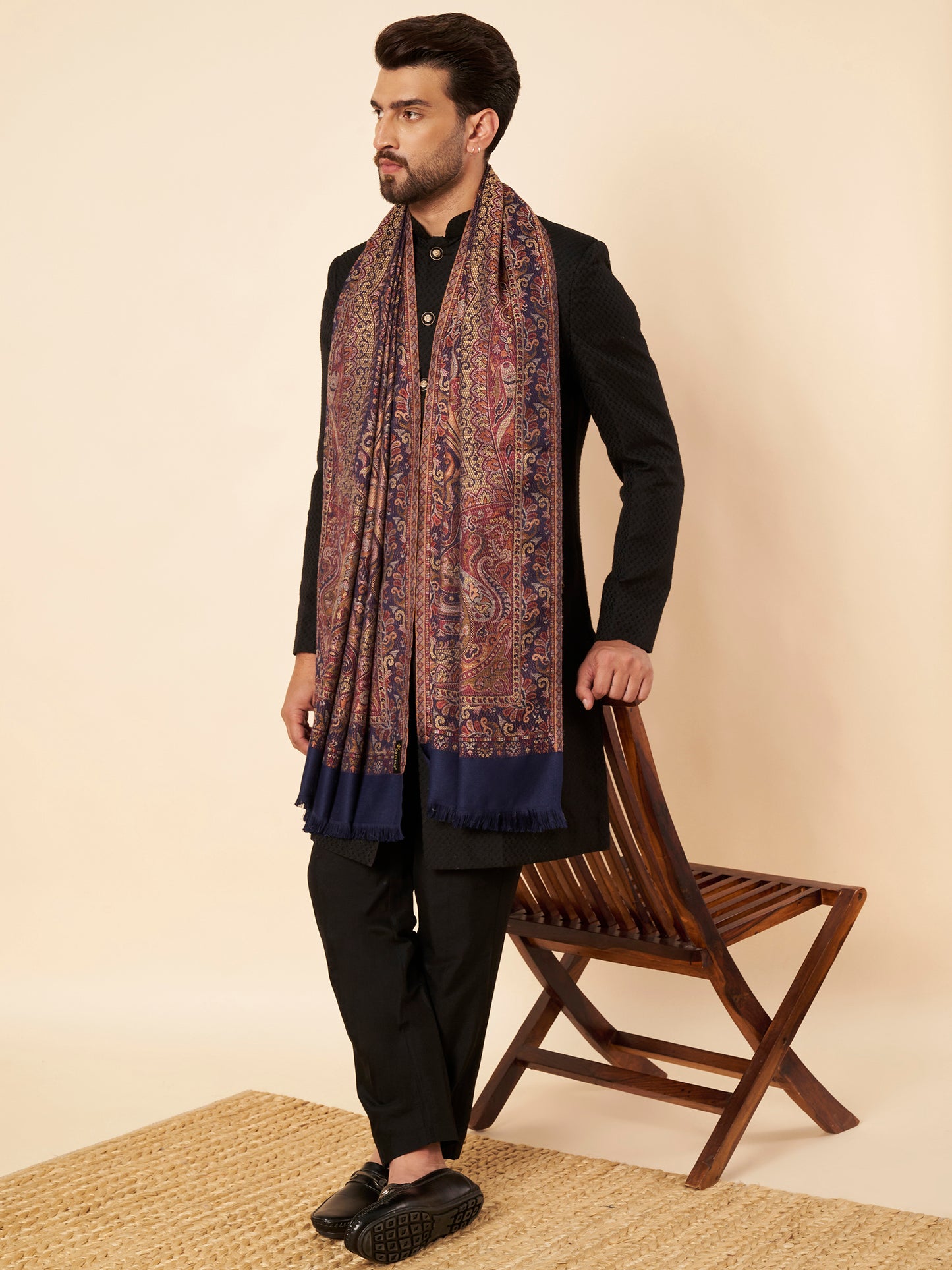 Warm Faux Pashmina Jacquard Woven Jamawar Mughal Shawl (Navy Blue)