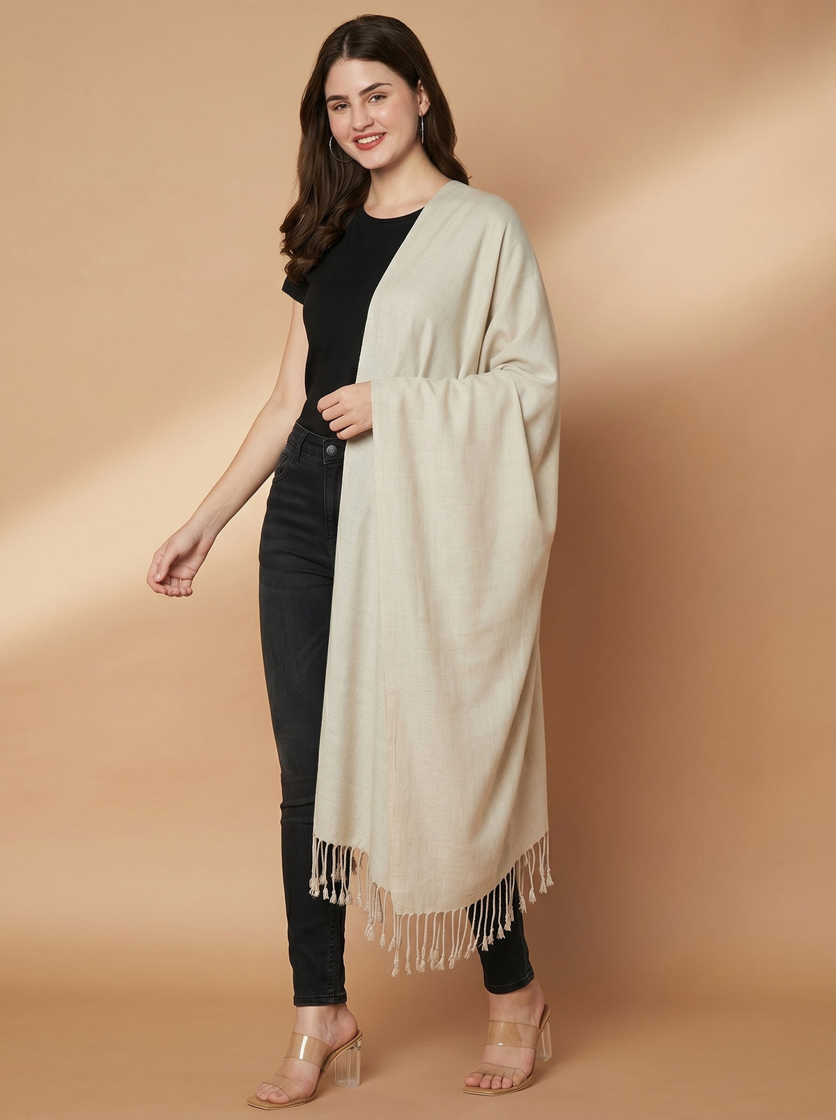 Plain Light Grey Woolen Stole for Women | Light Grey - view 2