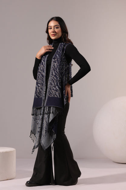 Women's Sleeveless Zari Pattern Shrug Cardigan | Navy Blue