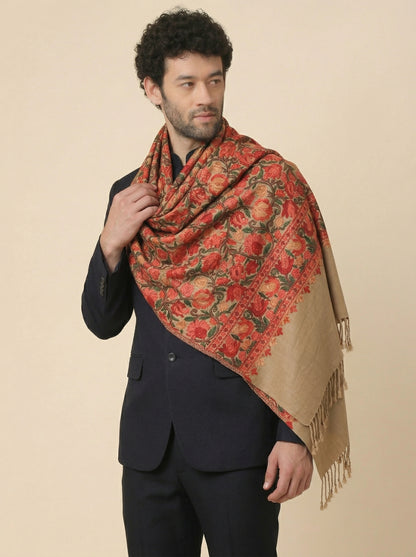 Kashmiri Aari Embroidery Woollen Stole for Men | Brown