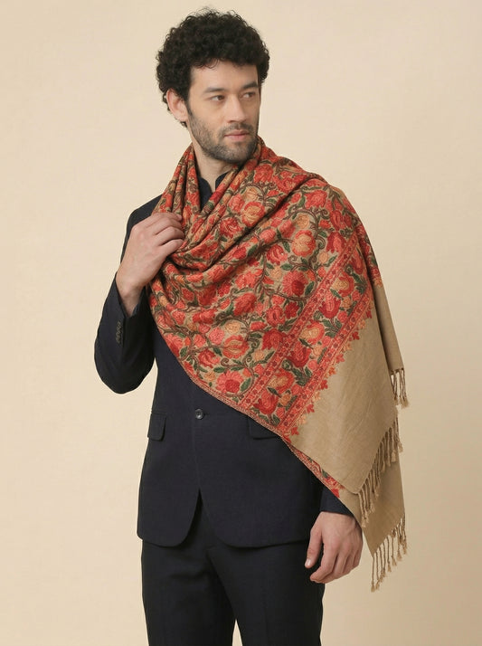Kashmiri Aari Embroidery Woollen Stole for Men | Brown