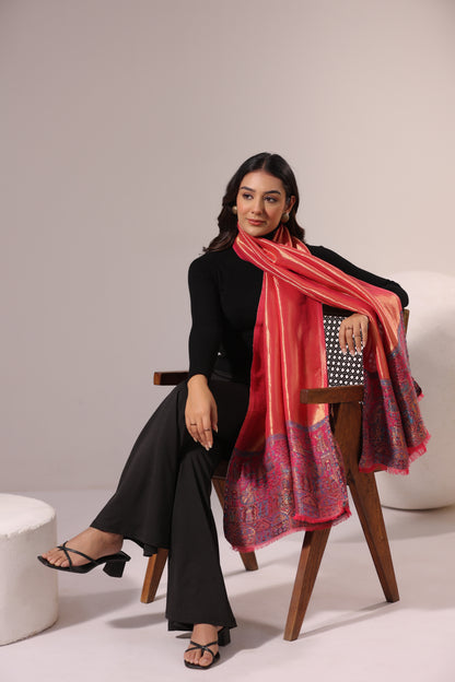 Women’s Premium Kani Woven Shawl with Zari Sheen | Pink Orange