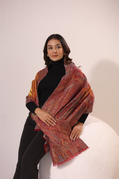 Women’s Premium Kani Woven Shawl with Zari Sheen | Rust
