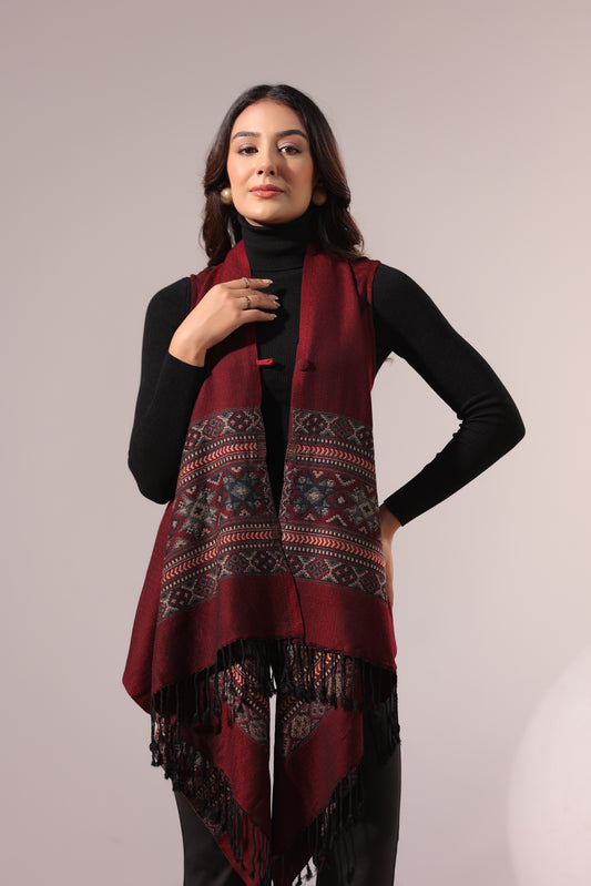 Women's Sleeveless Kullu Pattern Shrug Cardigan | Maroon