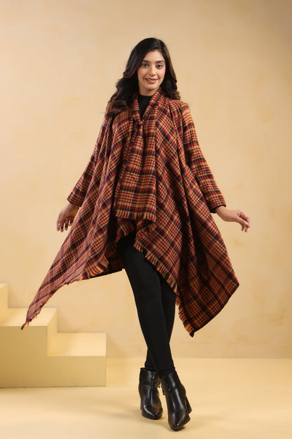 Women's Full Sleeve Woolen Checkered Shrug Cardigan | Maroon Check