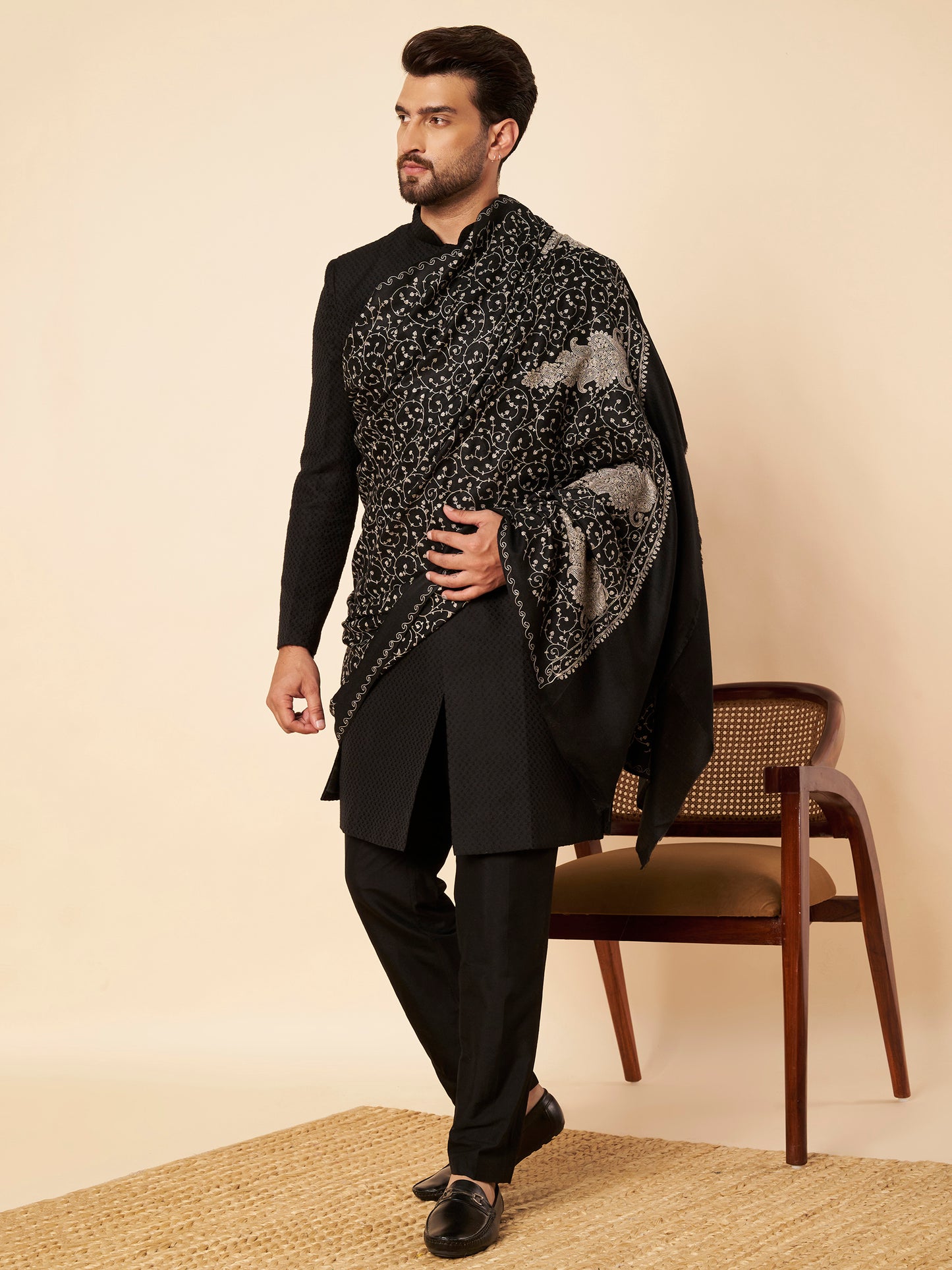 Pure Wool Shawl with All-over Royal Motifs Sozni Embroidery - view 2