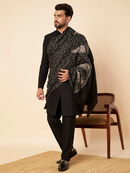 Pure Wool Shawl with All-over Royal Motifs Sozni Embroidery - view 2