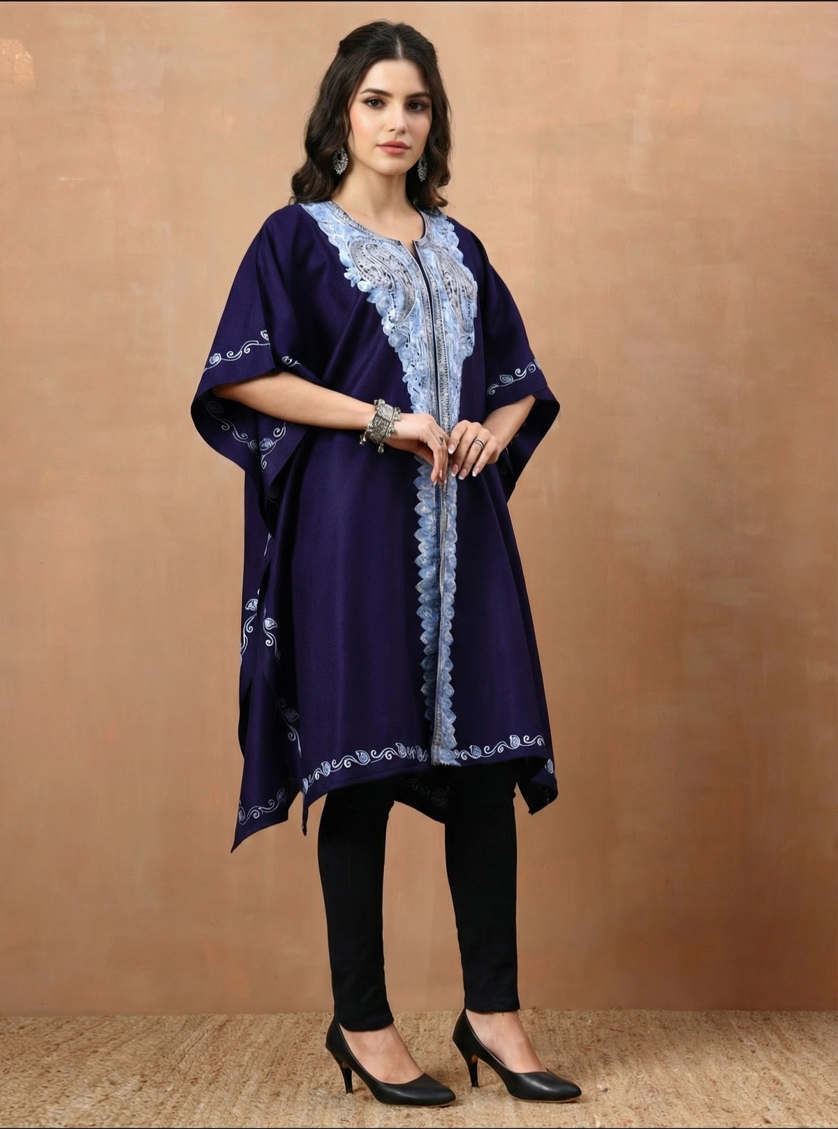 Aari Paisley Embroidery Blue Pheran Shrug