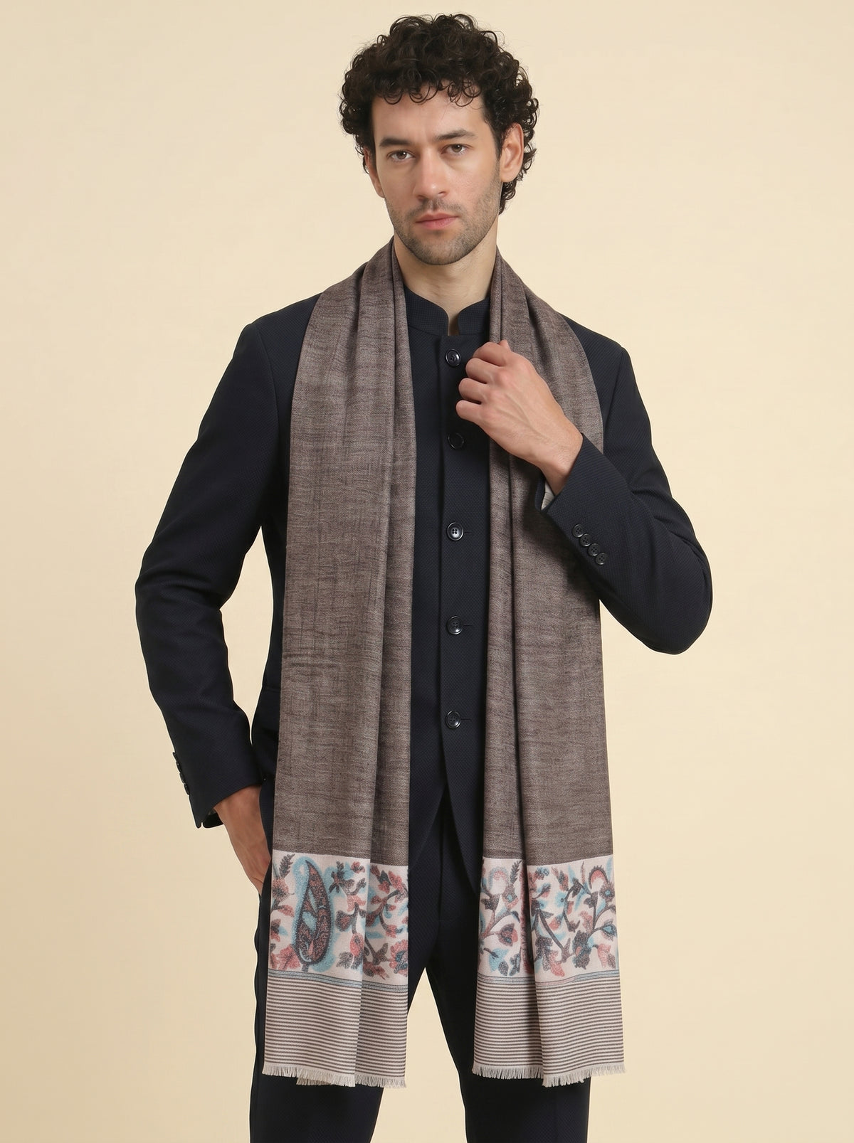 Ultra Soft Fine-Wool Kani Woven Stole for Men | Grey